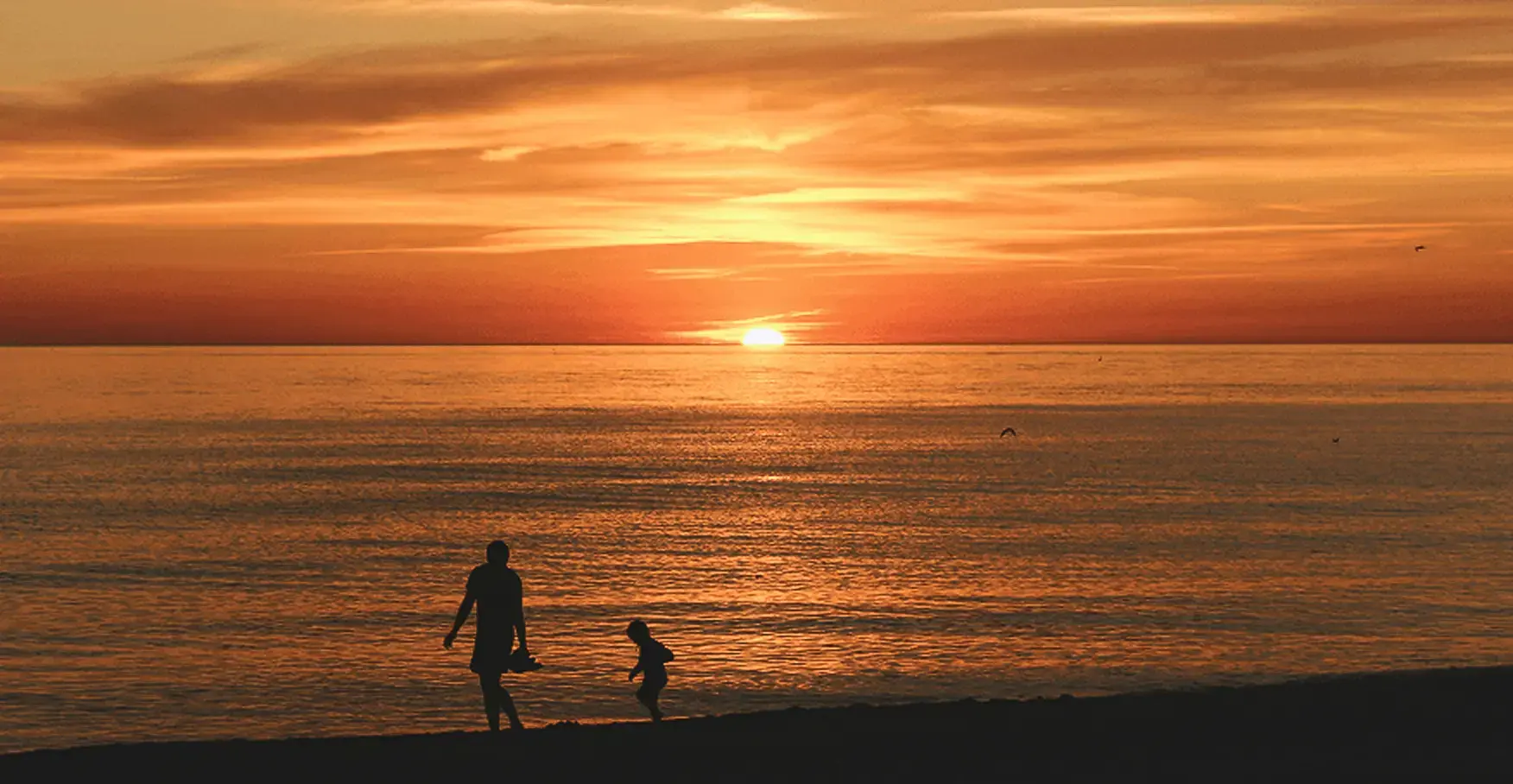 夕日に照らされた海辺を歩く、大人と子供のシルエット
