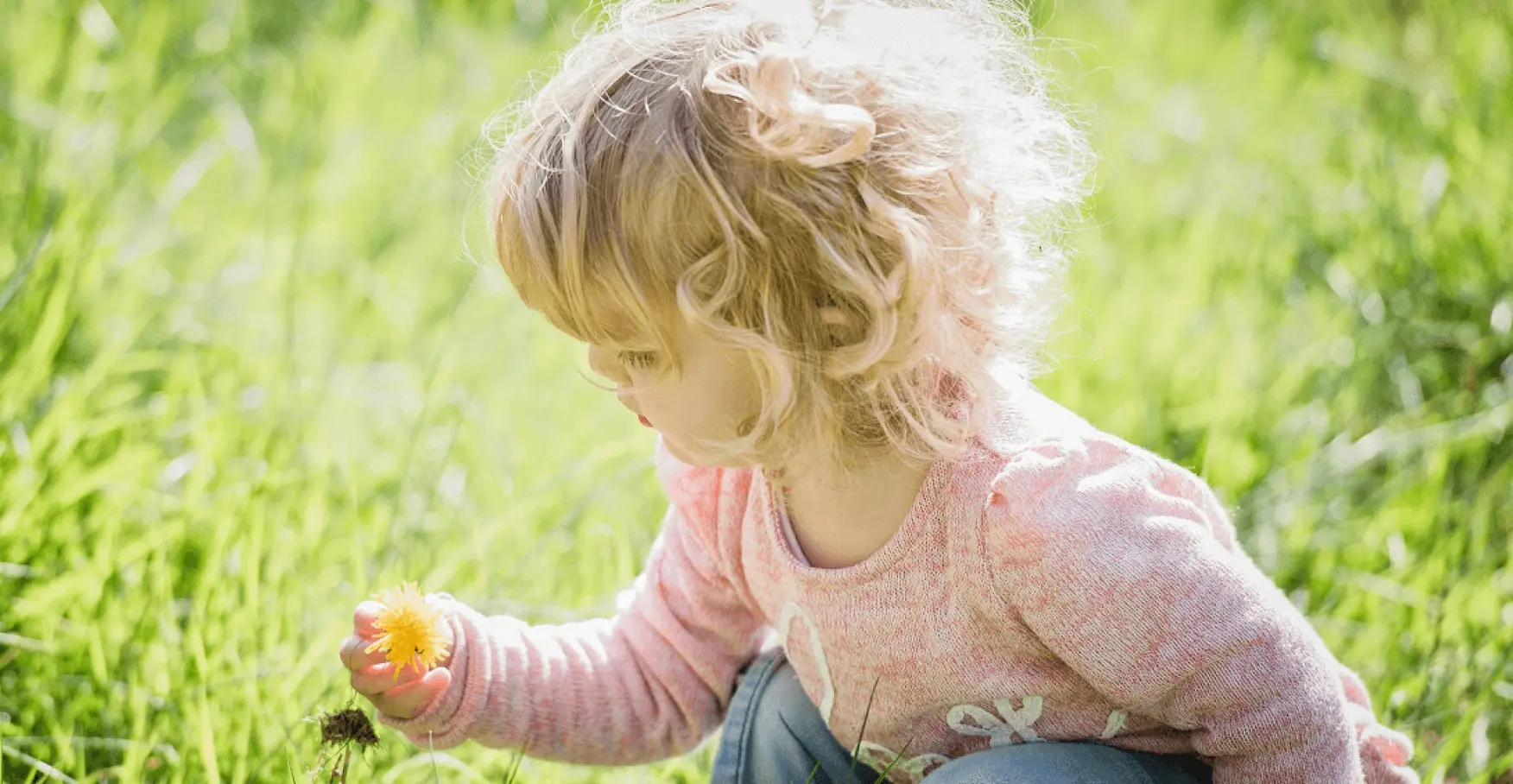 草原で花を手に取る子どものイメージ