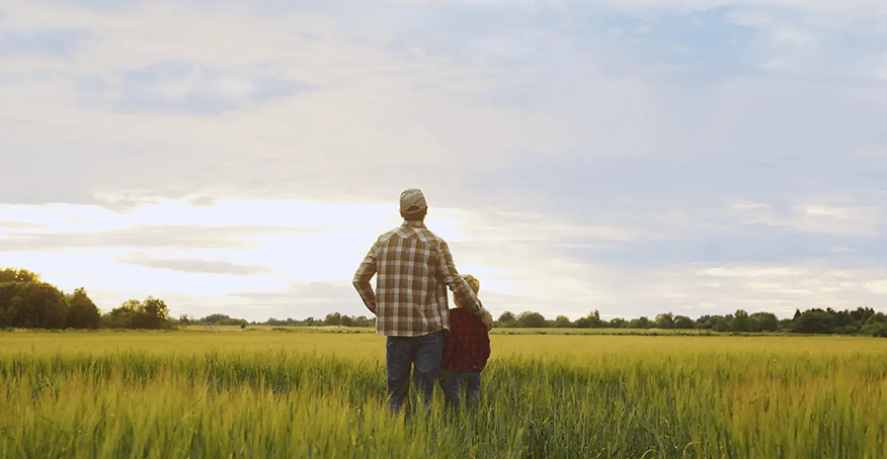 広い畑で夕空を見上げる大人と子どもの後ろ姿のイメージ