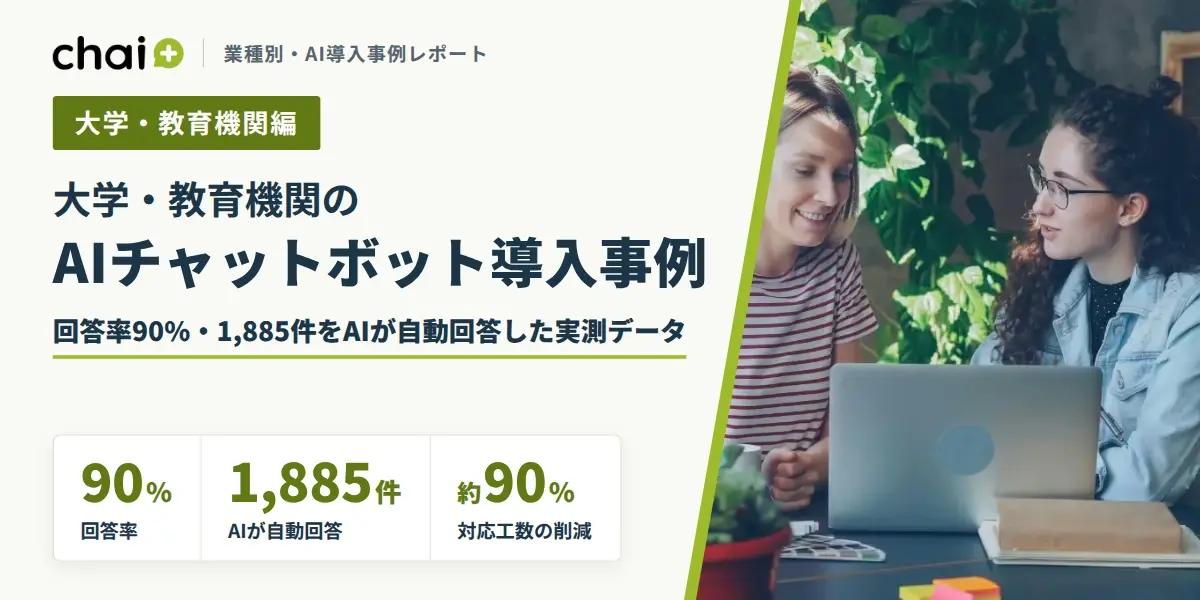 AIチャットボット導入事例, 大学教育機関DX, 回答率90%, 問い合わせ自動化, 工数削減, chai+, 学生対応効率化