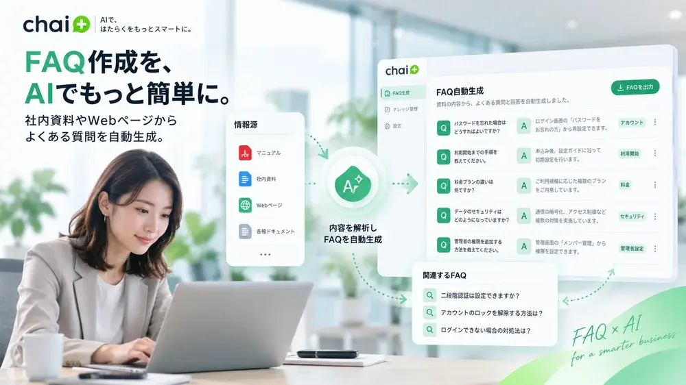 FAQ自動生成, AIナレッジ管理, 問い合わせ削減, chai+, 業務効率化, 社内DX, よくある質問作成